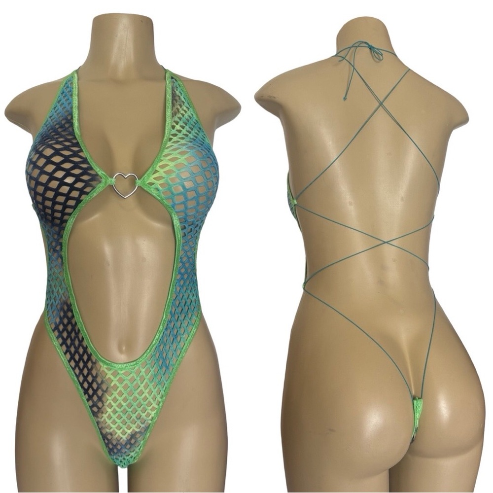 Green and Blue Mesh One-Piece Swimsuit